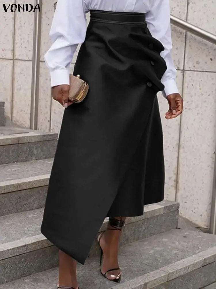 VONDA Plus Size 5XL Elegant Women Satin Skirts High Waist Button Pleated Asymmetrical Maxi Jupes Fashion Solid Long Faldas Saia