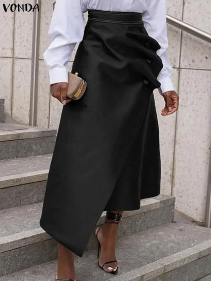 VONDA Plus Size 5XL Elegant Women Satin Skirts High Waist Button Pleated Asymmetrical Maxi Jupes Fashion Solid Long Faldas Saia