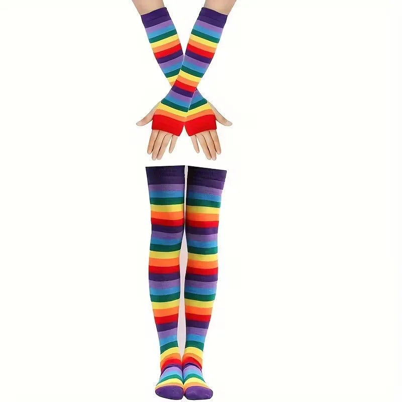 TRALOW Womens Socks Striped Knee High Socks Arm Warmer Fingerless Gloves Set Costume Accessories for Cosplay Christmas Punk