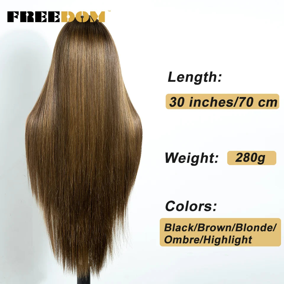 FREEDOM 13X4 Pre Plucked Synthetic Lace Front Wigs For Black Women Natural Hairline Straight 30 Inch Ombre Brown Wig Daily Use