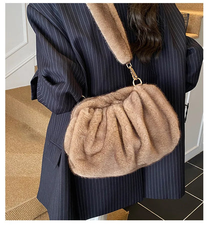 Cute and Versatile Winter Crossbody Bags Mink Fur Wrinkle Relaxed Texture Cloud Shell Bag Women Fashion Tote Shoulder Bag