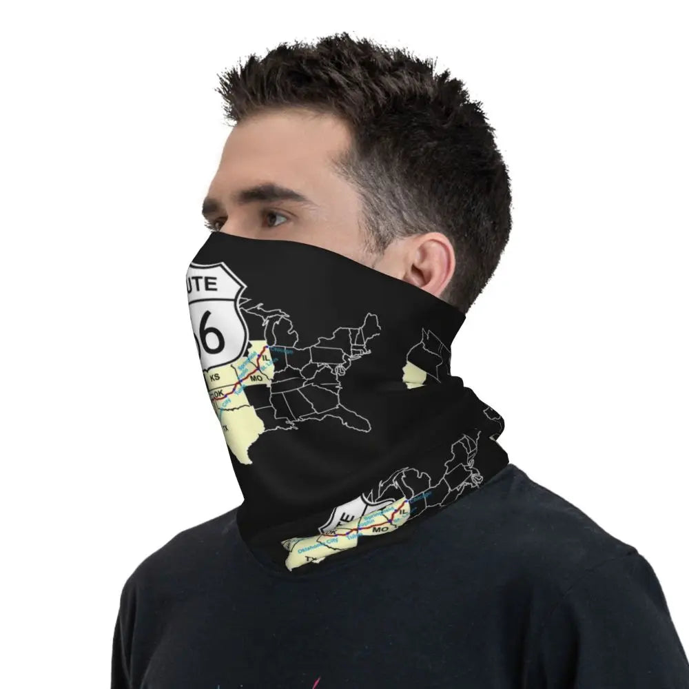 Custom Travel Motorcycle Ride Route 66 Bandana Winter Neck Warmer Windproof Wrap Face Scarf for Hiking Highways Gaiter Headband