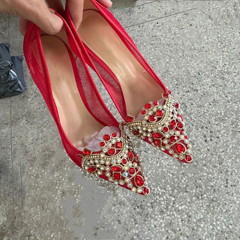 New Design Red Diamond Sexy 12cm 10cm Woman High Heels Pointed Toe Shallow Stilettos Pumps Lace Breathable Wedding Party Shoes