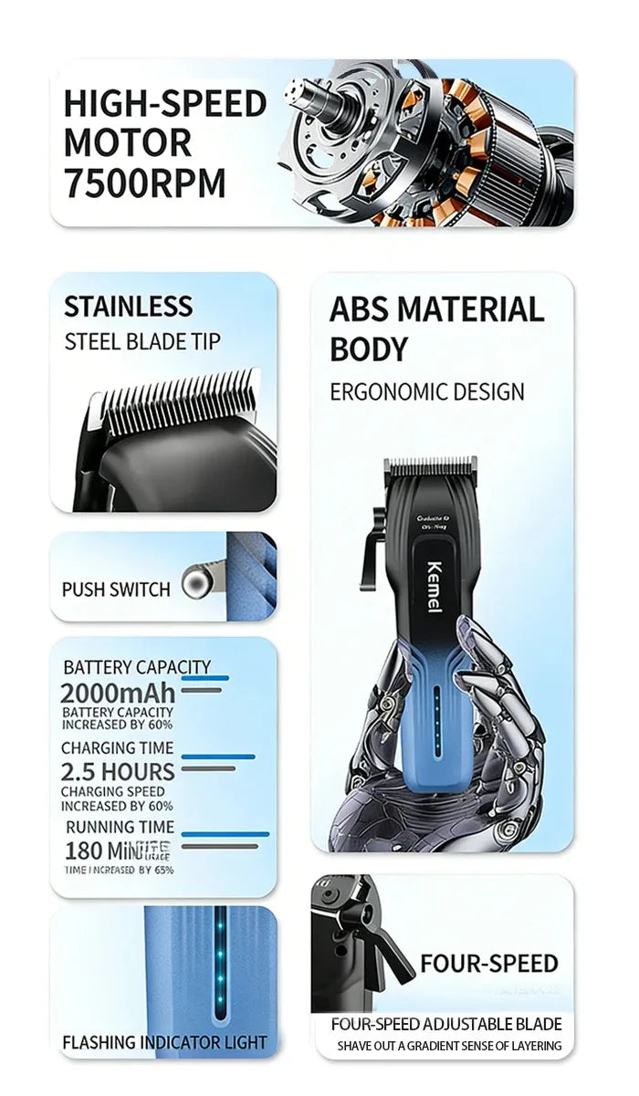 Kemei KM-1797 Powerful Cordless Hair Clipper Electric Professional Barber Hair Trimmer Beard Haircutting Machine Rechargeable