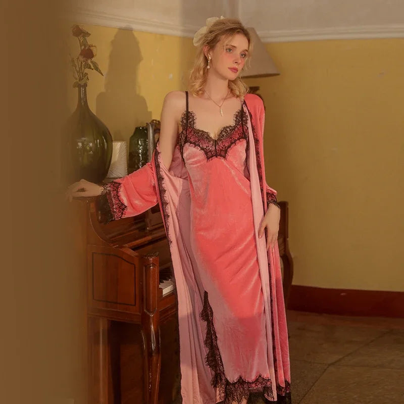 REBEYULI Brand Sexy Sleepwear Women 2026 Autumn Lace Sweet Solid Night Dress Long Soft Comfortable Velvet Robe Gown Sets Women