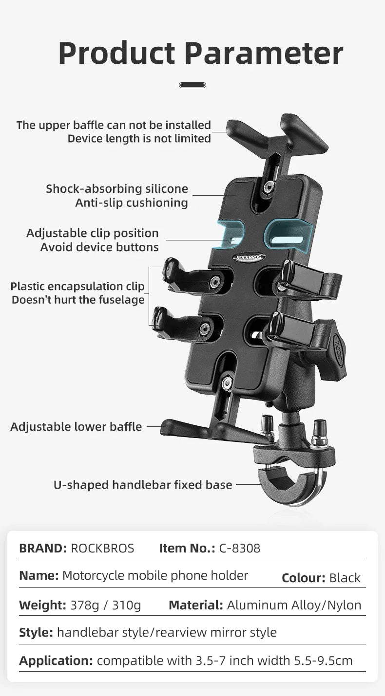 ROCKBROS Motorcycle Bike Phone Holder Adjustable with Shock Absorber Module Nonslip Bike Phone Stand