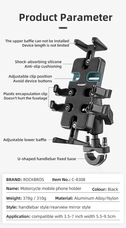 ROCKBROS Motorcycle Bike Phone Holder Adjustable with Shock Absorber Module Nonslip Bike Phone Stand