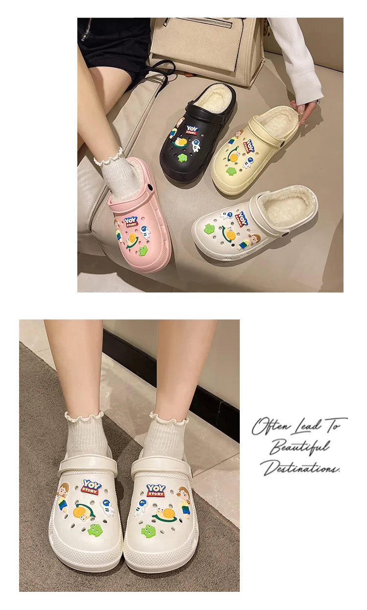 Winter Women Slippers Platform Clogs Warm Furry Slippers Fur Indoor Home Cotton Shoes Female Fluffy Slides Plush Slippers