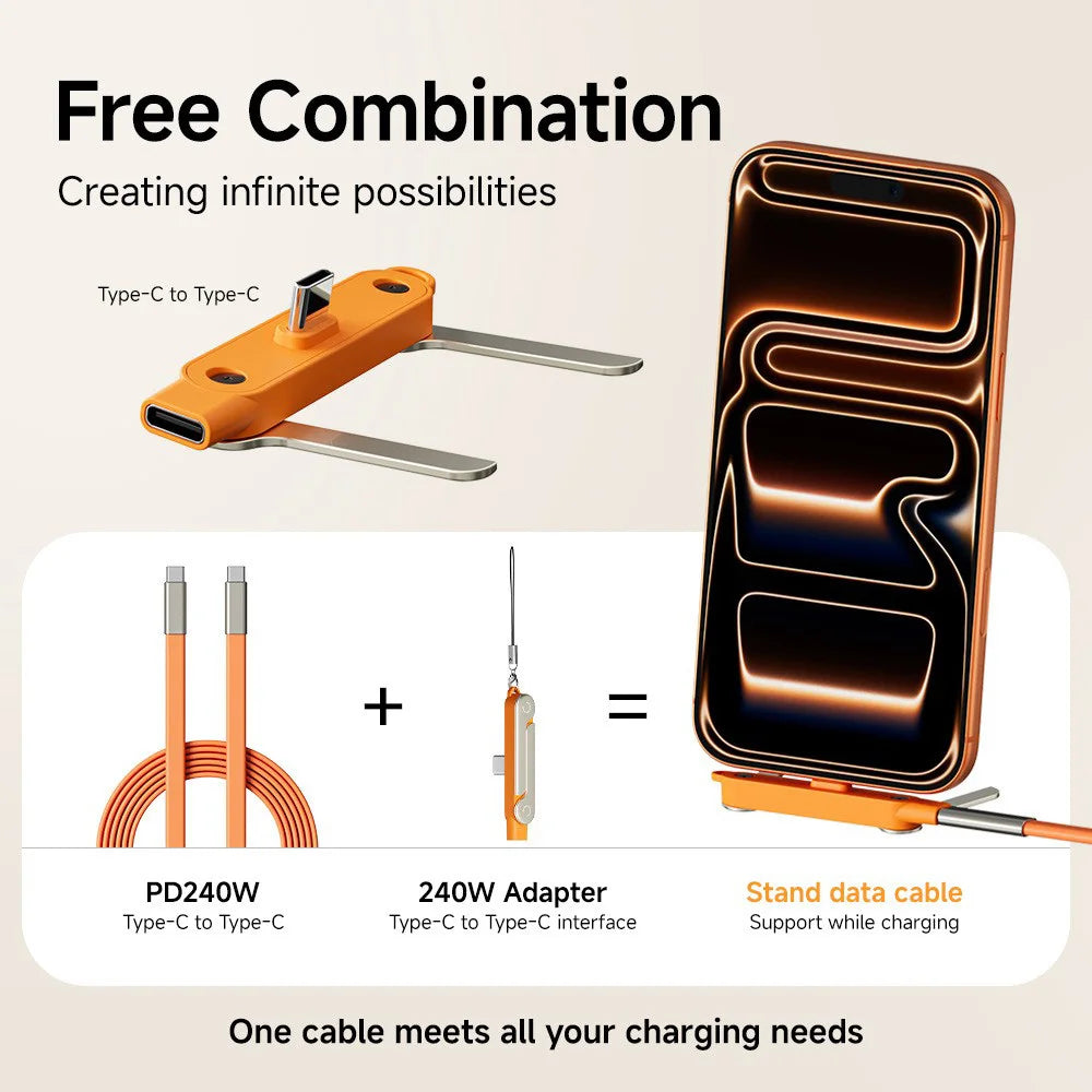 2-IN-1 Type-C Cable Foldable Mobile Phone Holder 240W Fast Charging Data Cable USB C TO USB C Phone Charge Bracket Dual PD cable