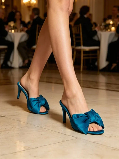 Fashion Satin Bow Detail Mules Sandals Women High-quality Open-Toe Kitten-Heel Slippers for Ladies Luxury Brand Designer Shoes