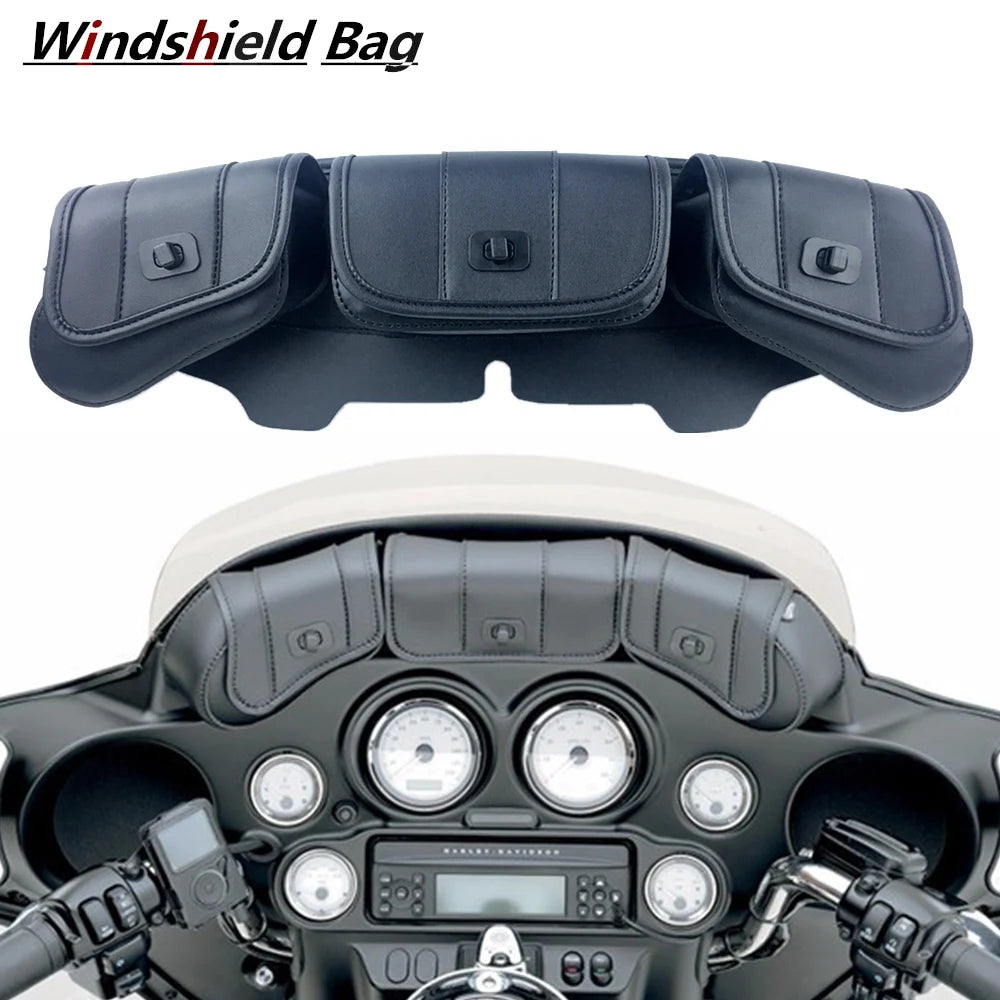 Motorcycle Windshield Bag Fairing Pouch 3 Pocket For Harley Electra Glide Street Glide Ultra Limited Tri Glide 1996-2013