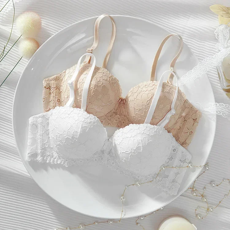 Thickened Underwear Women's Small Breasts Gather Together with Steel Rings Shaped Upper Support A Cup Flat Bra Double Bralette