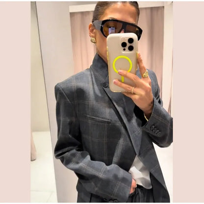 Irregular Plaid Blazer Jacket Women Fashion Stand Collar Full Sleeve Split Loose Short Coat 2026 Lady Daily Commute Outerwear
