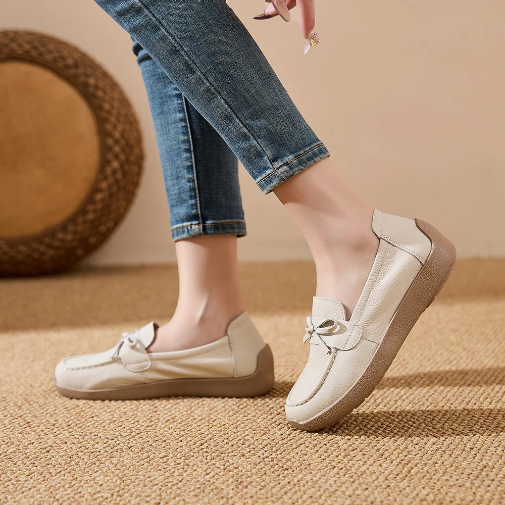 AIYUQI Women Bow Genuine Leather Loafers Slip‑on Platform Women Flat Shoes Mother Shoes Ladies Casual Walking Moccasins