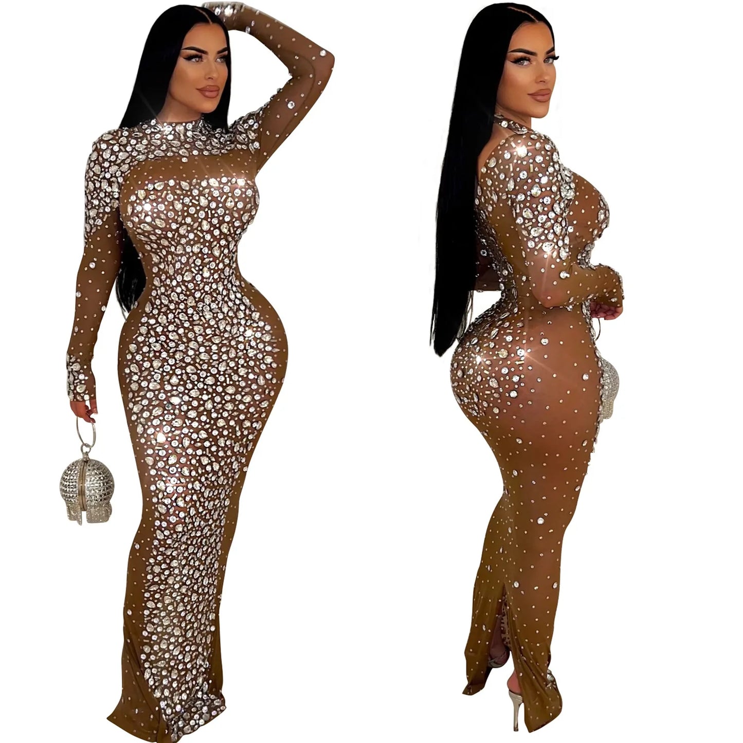 Party Dress Women Floor Length Dresses Vestidos Hot Drilling Evening Bodycon Square Collar Prom High Waist Evening Night 2025