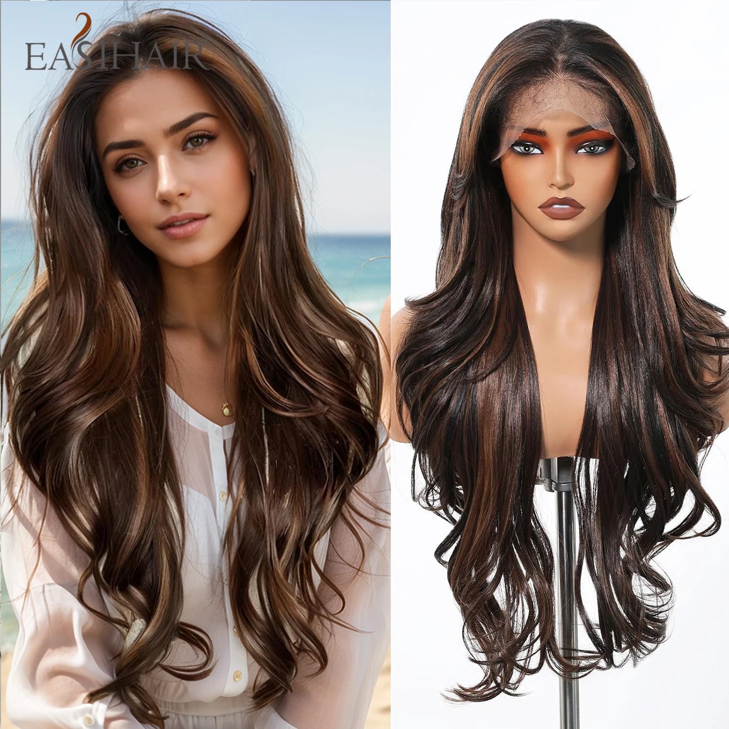 EASIHAIR Long Wavy HD Lace Front Synthetic Wigs for Women Natural Wave Blonde Wigs With Dark Roots 13*6 Lace Wigs Heat Resistant