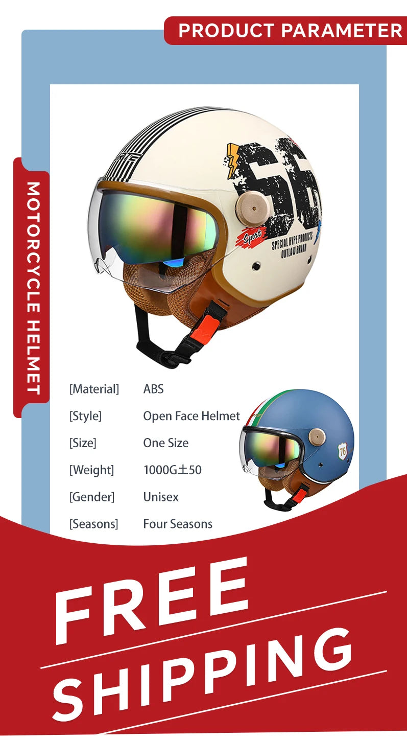 Retro Open Face Motorcycle Helmet Daul Lens DOT ECE Approved Vintage Jet Helmet 3/4 Open Half Helmet for Scooter Curiser Chopper
