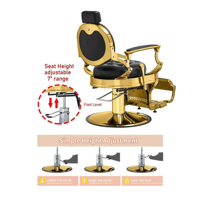 Reclining Barber Chair Heavy Duty Salon Chair Wide Seat Gold & Black for Barber Station with Footrest, Customized