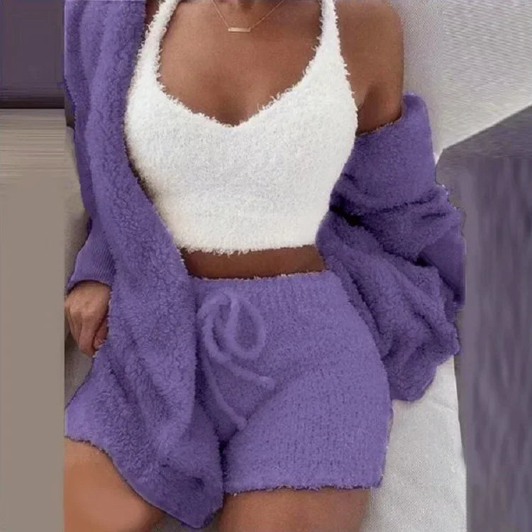 2026 New Women's Velvet Pajamas Set Sexy Crop Top+Shorts+Coat 3 Pieces Suit Sleepwear Casual Soft Clothes Homewear Pyjamas S-3XL