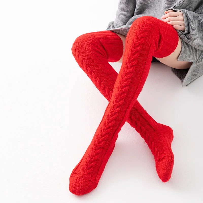 Women Winter Warm Breathable Long Johns Mohair Knee Length Knitted Wool Stretch High Sockings Femboy Leg Warmers Kawaii Clothes