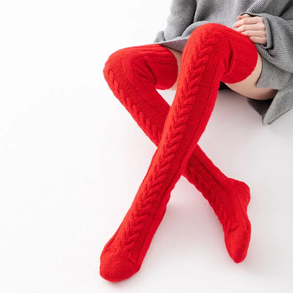Women Winter Warm Breathable Long Johns Mohair Knee Length Knitted Wool Stretch High Sockings Femboy Leg Warmers Kawaii Clothes