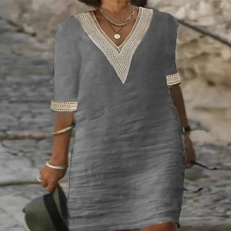 New solid color V-neck mid-sleeved elegant dress