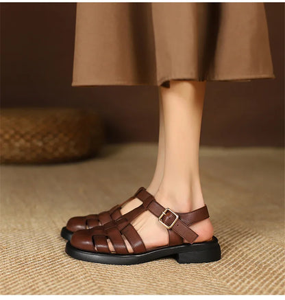 2023 Women Sandals Retro Genuine Leather Luxury Roman Sandals Casual Buckle Strap Summer Shoes GLADIATOR Thick Heel Women Shoes