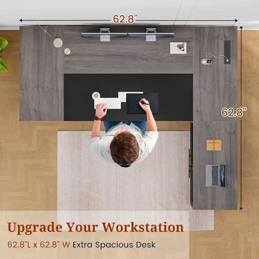 63 Executive Desk with Mobile File Cabinet for Large Office Spaces Modern L-Shaped Workstation with Built-in Power Outlets Inte