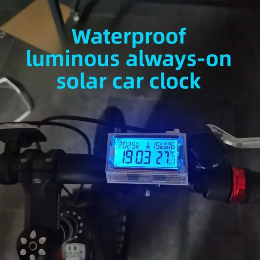 Solar Motorcycle Digital Clock with Date Week Temperature LCD Backlit Display Waterproof Thermometer with Motorcycle Stand