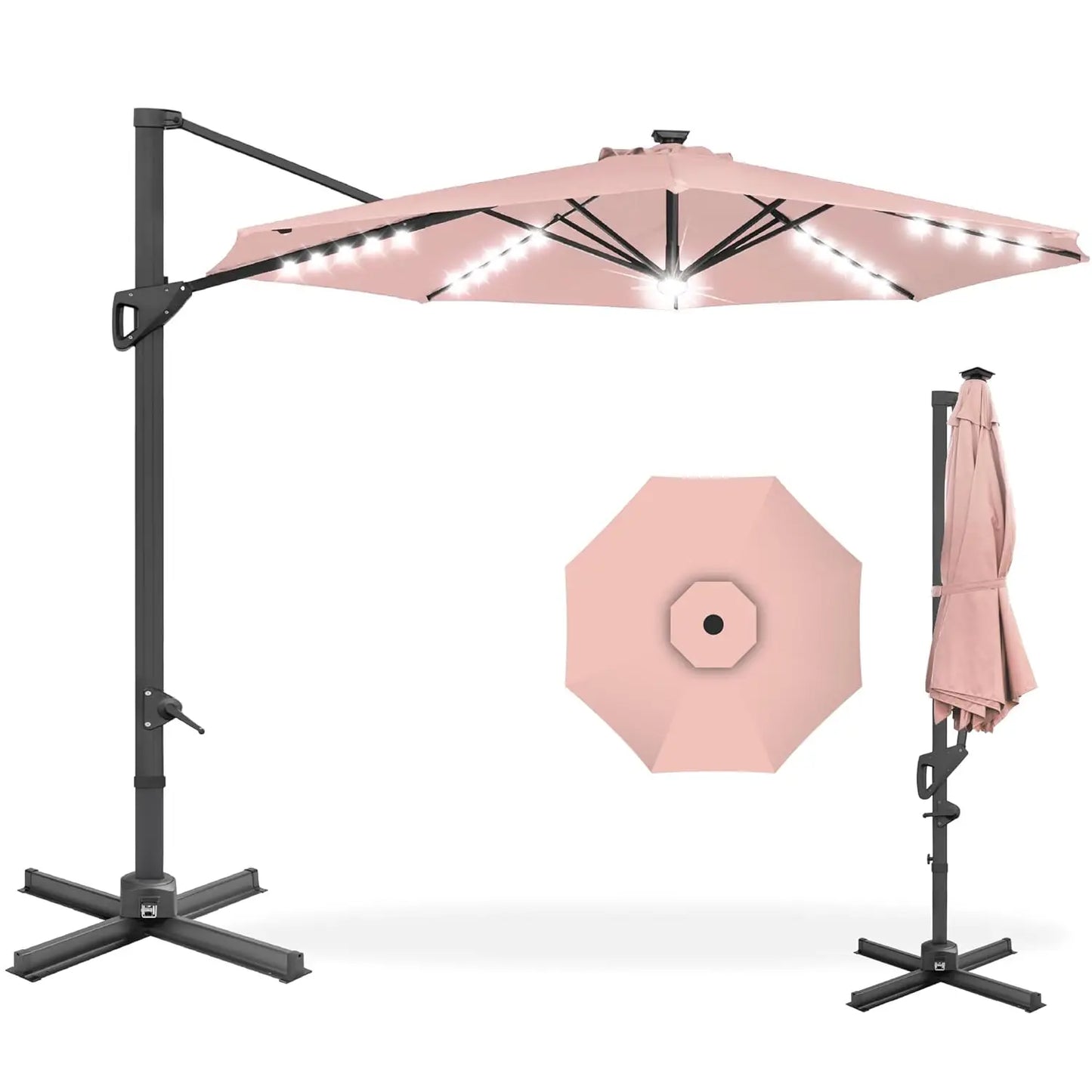 10ft Solar LED Cantilever Patio Umbrella, 360-Degree Rotation Hanging Offset Market Outdoor Sun Shade for Backyard,, Customized
