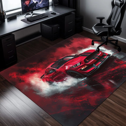 Red Sports Car Rug – High-Speed Racing Art Design, Dynamic Floor Mat for Living Room & Man Cave Decor