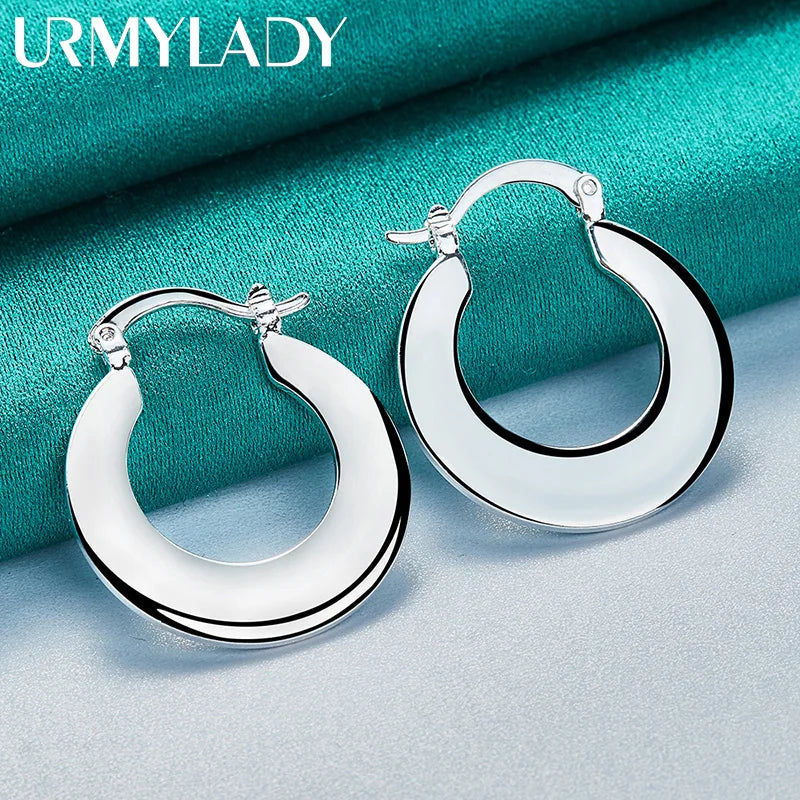 URMYLADY 925 Sterling Silver Smooth Flat Round Earrings For Women Wedding Party Fashion Charm Jewelry