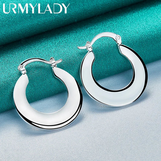 URMYLADY 925 Sterling Silver Smooth Flat Round Earrings For Women Wedding Party Fashion Charm Jewelry