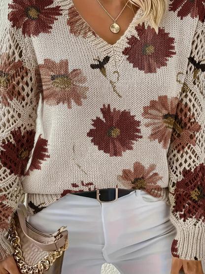 V-neck Fashionable Floral Print Cutout Sleeves Bohemian Pullover Sweater Ropa De Invierno Para Mujer Abbigliamento Donna Autunno