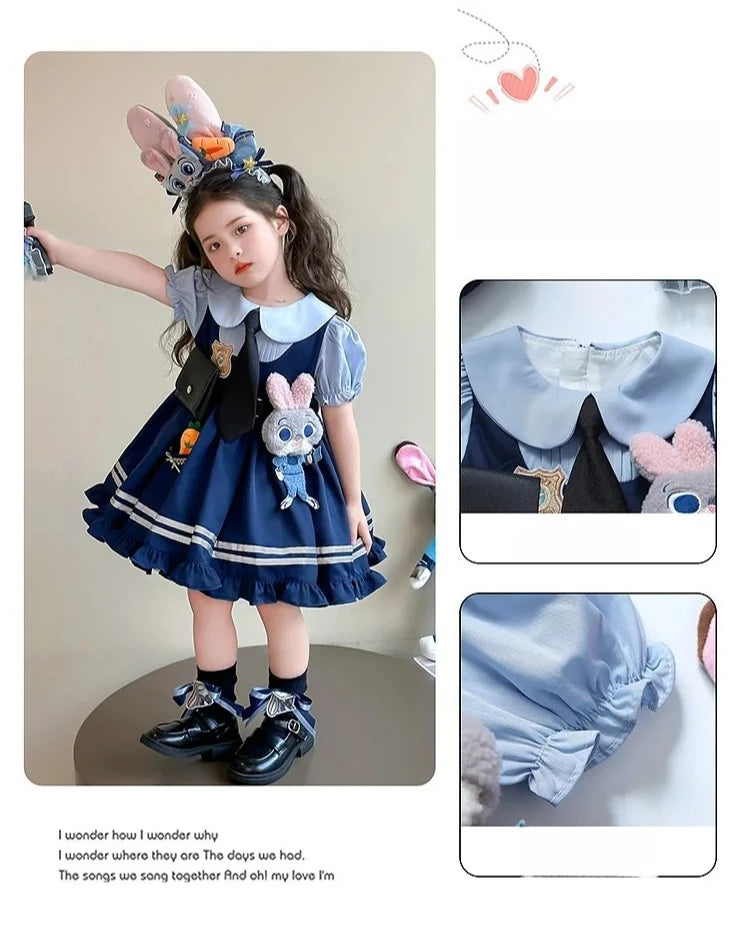 Judy Officer Costumes Short-Sleeved Lolita Dress Girls Halloween Carnival Cosplay Rabbit Fancy Dress Birthday Gift for Girls