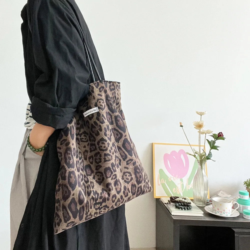 Vintage Faux Suede Women's Leopard Shoulder Bags PU Strap Double Side Female Purse Handbags Fall Winte Canvas Tote Underarm Bag
