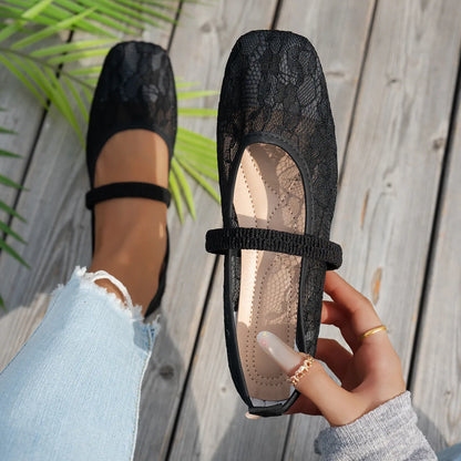 Plus Size 43 Women Fashion Ballet Flats Breathable Laces Square Toe Spring Summer Flat Shoes For Female Daily Walking Loafers