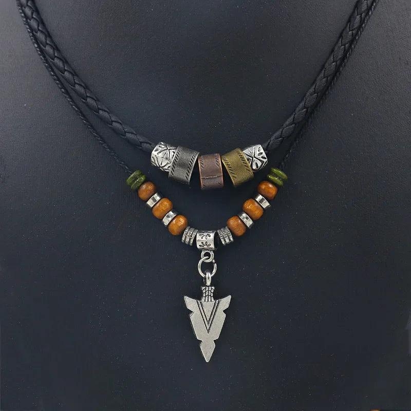 Collana Uomo Artificial Leather Rope Beaded Necklace Men Collier Homme Arrow Pendant Necklace For Men Jewelry Collar Hombre