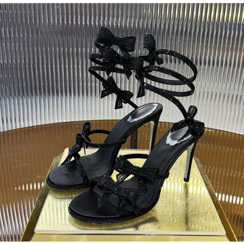 Luxury Rhinestones Mesh Bowknot Snake Coiled Women Gladiator Sandals Sexy Narrow band Thin High heels Summer Wedding Party Shoes