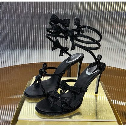 Luxury Rhinestones Mesh Bowknot Snake Coiled Women Gladiator Sandals Sexy Narrow band Thin High heels Summer Wedding Party Shoes