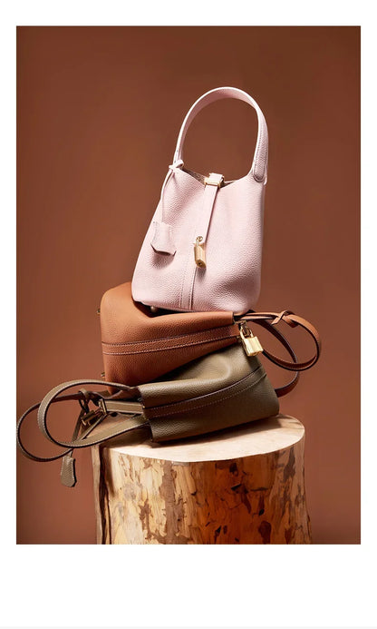 Genuine Leather Shoulder Bucket Bag Women Litchi Pattern Mini Basket Tote Soft Handbag Mommy Bride Wedding Bags with Lock