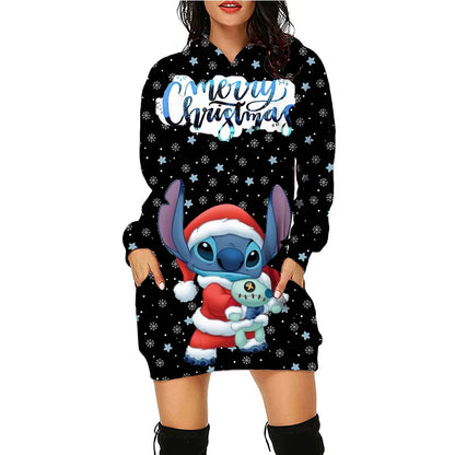 Christmas Disney Brand Stitch Cartoon Long Hoodie Autumn New Mini Sexy Long Sleeved Dress Korean Fashion Elegant Ladies Party