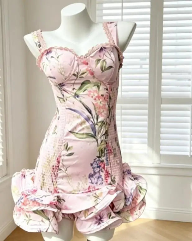 Pink Printed Women's Dress Fashion Wide Shoulder Straps And Pleated Hem Cinched Waist Vestido 2026 Lady Party Vacation Gowns