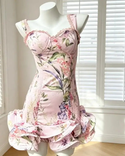 Pink Printed Women's Dress Fashion Wide Shoulder Straps And Pleated Hem Cinched Waist Vestido 2026 Lady Party Vacation Gowns