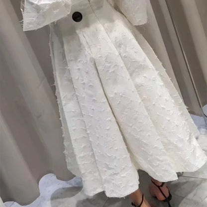 Elegant Fringe Skirts Sets 2 Pieces Women Lapel Buttons Long Sleeve Blouses Pleated A-line Long Skirts 2025 Summer Chic Outfits
