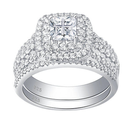 Newshe Luxury 925 Sterling Silver Halo Wedding Ring Set for Women Elegant Yellow Gold Plated Princess Simulated Diamond Rings