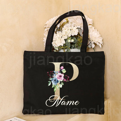 Personalized Initial with Name Tote Bag Women Canvas Shoulder Bags Monogram Shopping Bag Handbags Birthday Wedding Gifts for Her