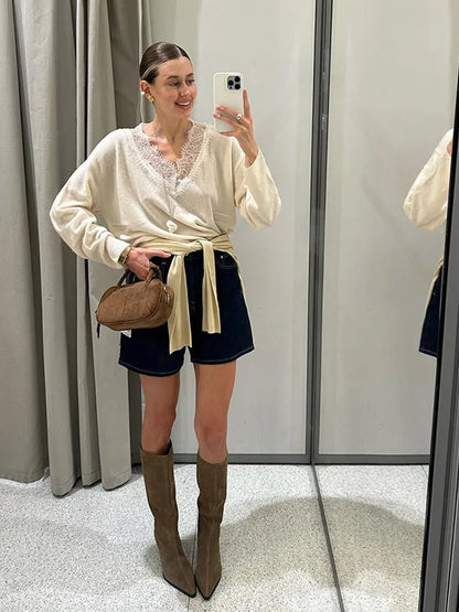 Women Fashion Lace Pullovers Elegant Long Sleeves Chic V-neck Solid Slim Knitwear 2025 Autumn Winter Daily Commute Outerwear