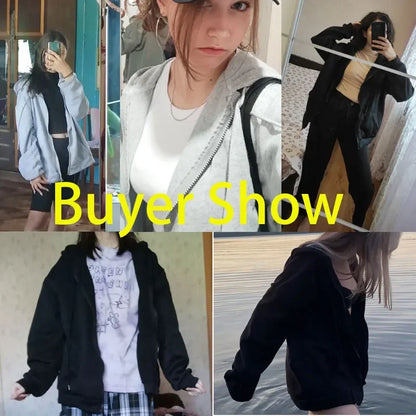 Women Solid Hoodies Coat Harajuku Basic Long Sleeve Spring Autumn Loose Zip Up Casual Oversized Sweatshirts Jacket with Pocket