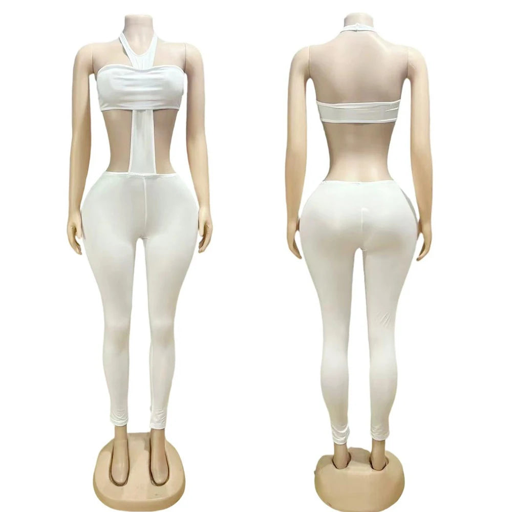 Y2k Sexy Two Piece Sets Woman Club Wear Halter Cross Crop Top and Skinny Pants Suits 2025 Female Jumpsuit Baddie Outfits